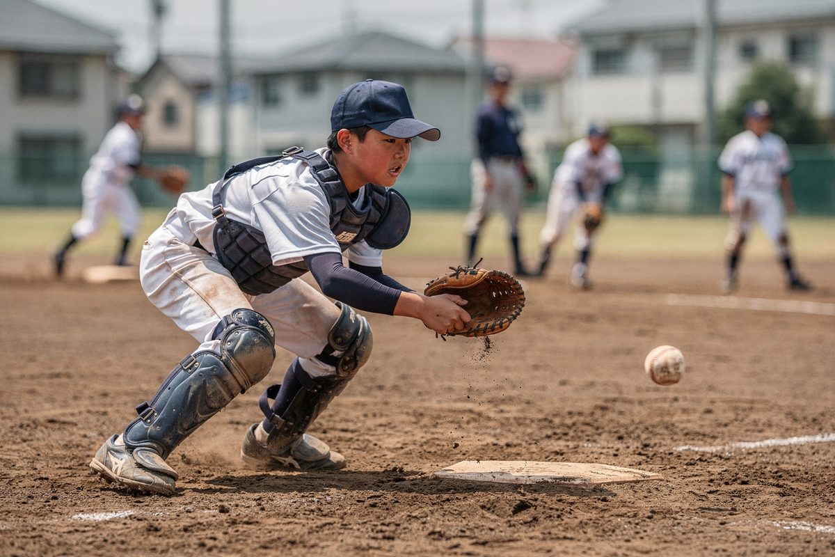土のグラウンドでボールを捕球する中学生野球部の捕手
